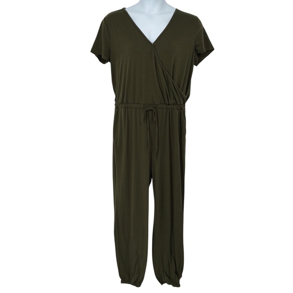 PRETTYGARDEN Jumpsuit Olive Green V-Neck Drawstring Jogger XL